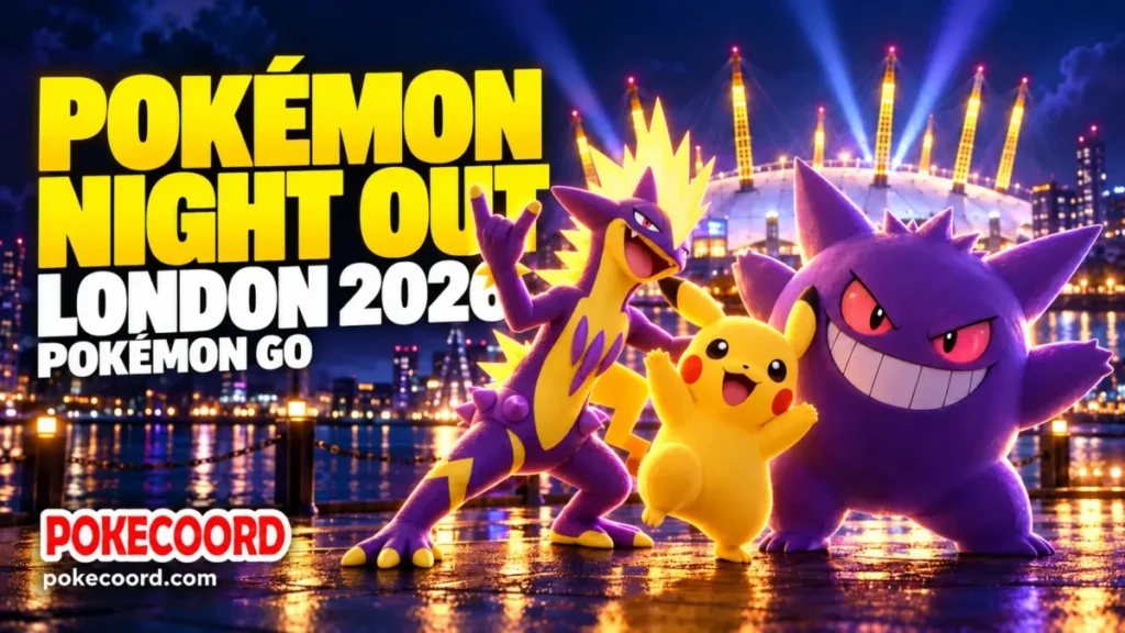 Pokémon Night Out Londres 2026 con Pikachu, Gengar y Toxtricity frente a The O2 Arena