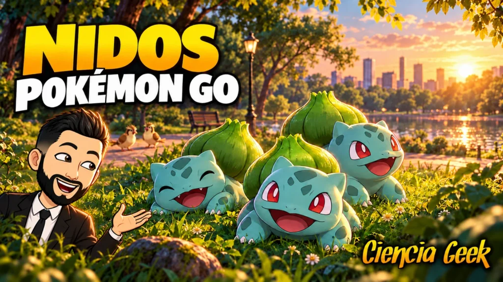 Nidos de Pokémon GO con Bulbasaur en un parque y el avatar de Ciencia Geek señalando a los Pokémon.
